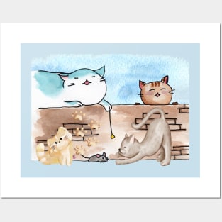 Cats playing with a mouse Posters and Art